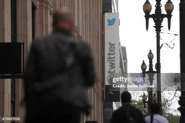 Sign is posted on the exterior of Twitter headquarters on April 26, 2017 in San Francisco, California. Twitter reported better-than-expected first...