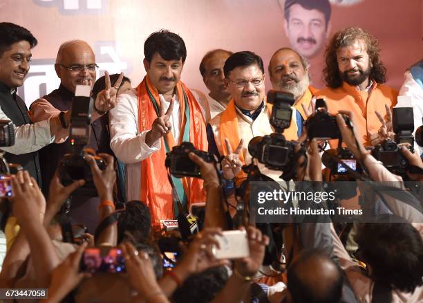 Delhi Pradesh President Manoj Tiwari after MCD results during his press conference at party office on April 26, 2017 in New Delhi, India. It’s a...