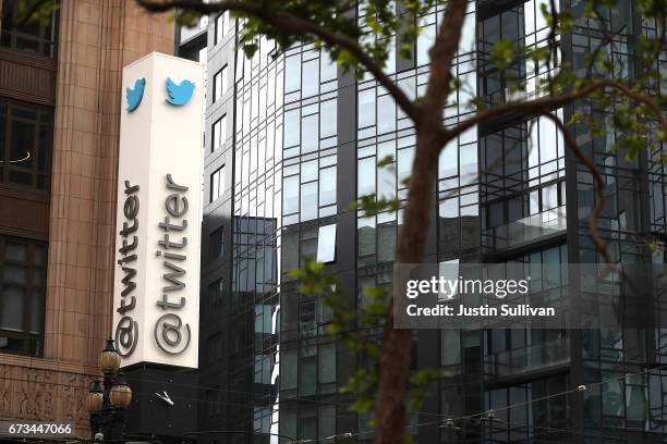 Sign is posted on the exterior of Twitter headquarters on April 26, 2017 in San Francisco, California. Twitter reported better-than-expected first...