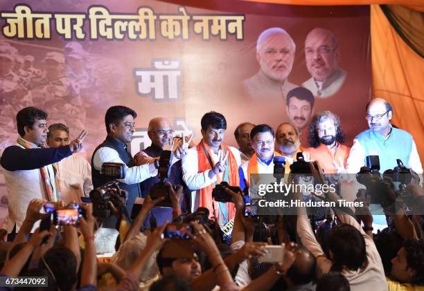 Delhi Pradesh President Manoj Tiwari after MCD results during his press conference at party office on April 26, 2017 in New Delhi, India. It’s a...