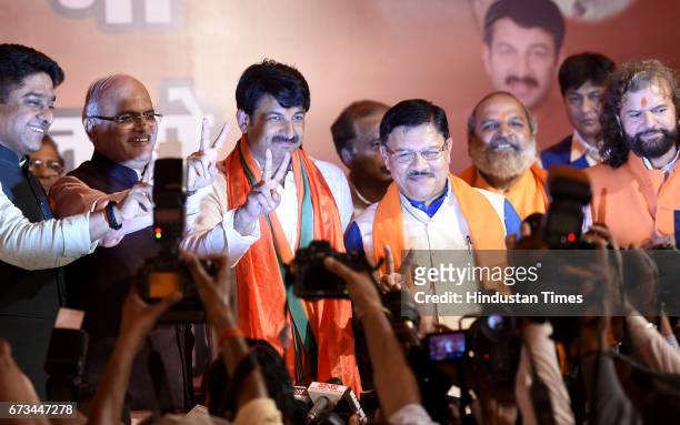 Delhi Pradesh President Manoj Tiwari after MCD results during his press conference at party office on April 26, 2017 in New Delhi, India. It’s a...
