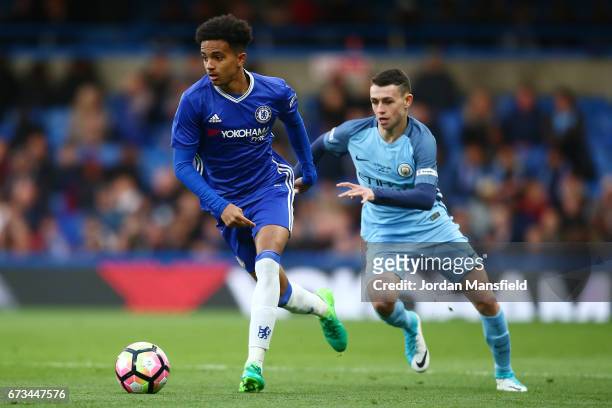 Jacob Maddox of Chelsea and Phil Foden of Manchester City in action during the FA Youth Cup Final, second leg between Chelsea and Mancherster City at...