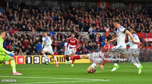 Marten de Roon of Middlesbrough scores his sides first goal during the Premier League match between Middlesbrough and Sunderland at the Riverside...