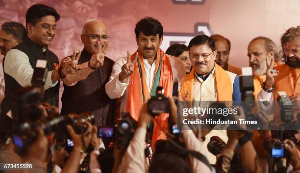Delhi BJP President Manoj Tiwari during a press conference at Delhi BJP Office after party's victory in MCD elections on April 26, 2017 in New Delhi,...