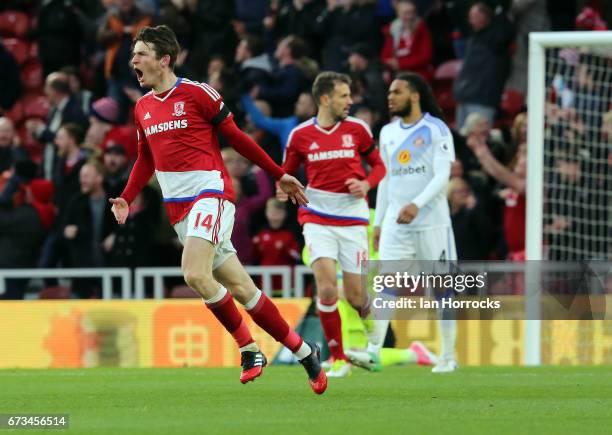 Marten De Roon of Middlebrough celebrates after scoring the opening goal during the Premier League match between Middlesbrough FC and Sunderland AFC...