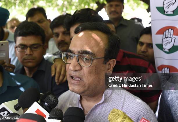 President Ajay Maken talking to media persons during the MCD election results at Vijay Chowk on April 26, 2017 in New Delhi, India. It’s a third term...