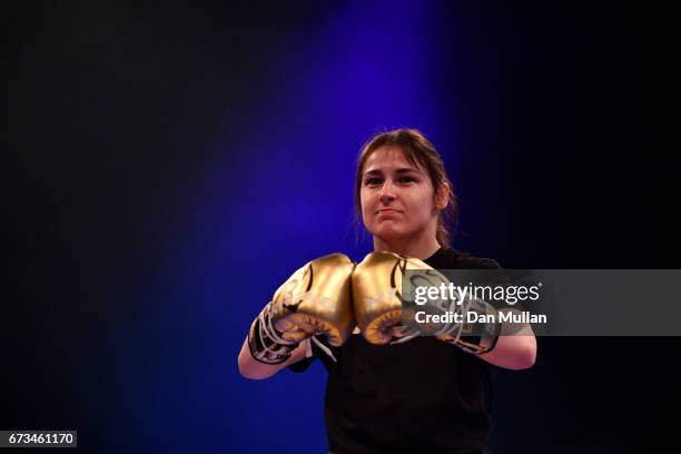 Katie Taylor takes part in an open training session ahead of her world title eliminator fight against Nina Meinke on the Anthony Joshua v Wladimir...