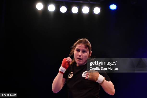 Katie Taylor takes part in an open training session ahead of her world title eliminator fight against Nina Meinke on the Anthony Joshua v Wladimir...