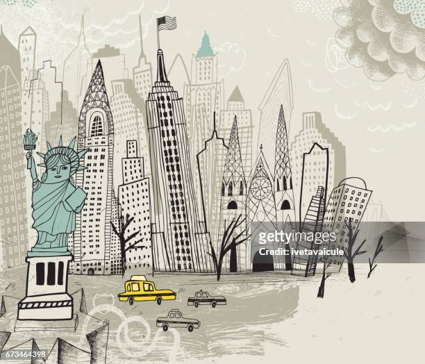 ilustraciones, imágenes clip art, dibujos animados e iconos de stock de ciudad de nueva york ee.uu. - statue of liberty drawing