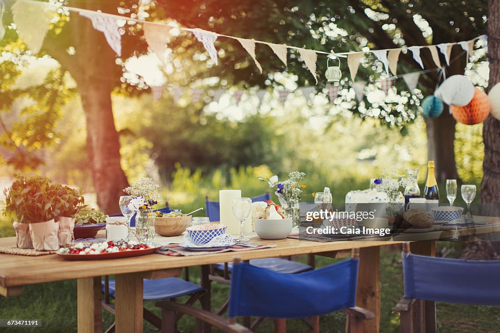 Garden party lunch under pennant flag