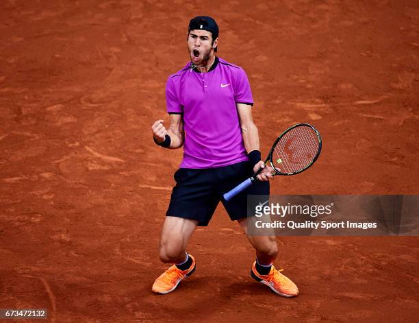 Karen Khachanov of Russia celebrates after wining a point at his match against Pablo Cuevas of Uruguay during the Day 3 of the Barcelona Open Banc...