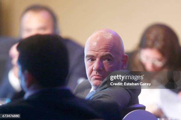 President Gianni Infantino looks on during the 67th CONMEBOL Congress at Sheraton Hotel on April 26, 2017 in Santiago, Chile.