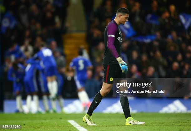 Aro Muric of Manchester City looks dejected after Chelsea score their third goal during the FA Youth Cup Final, second leg between Chelsea and...