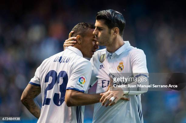 Alvaro Morata of Real Madrid celebrates with his teammate Danilo of Real Madrid after scoring the opening goal during the La Liga match between RC...
