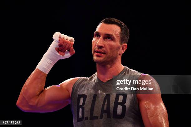 Wladimir Klitschko takes part in an open workout at Wembley Arena on April 26, 2017 in London, England. Anthony Joshua and Wladimir Klitschko are due...
