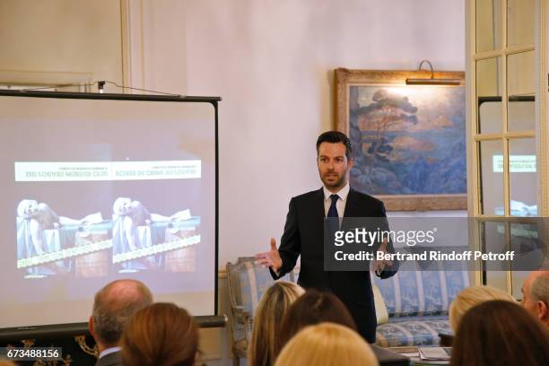 Christos Markogiannakis presents his Book "Scenes De Crime au Louvre" at Greece Ambassy on April 26, 2017 in Paris, France.