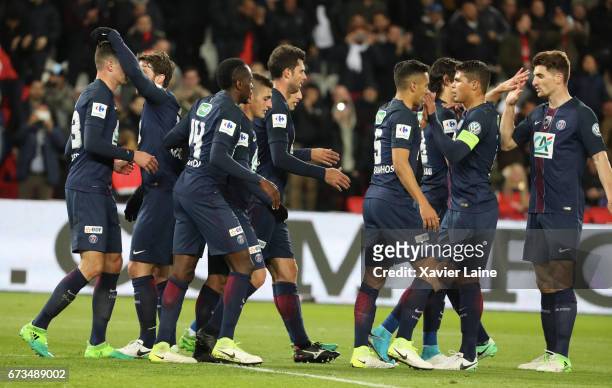 Maxwell of Paris Saint-Germain celebrates his goal with teammates during the French Cup Semi-Final match between Paris Saint-Germain and As Monaco at...
