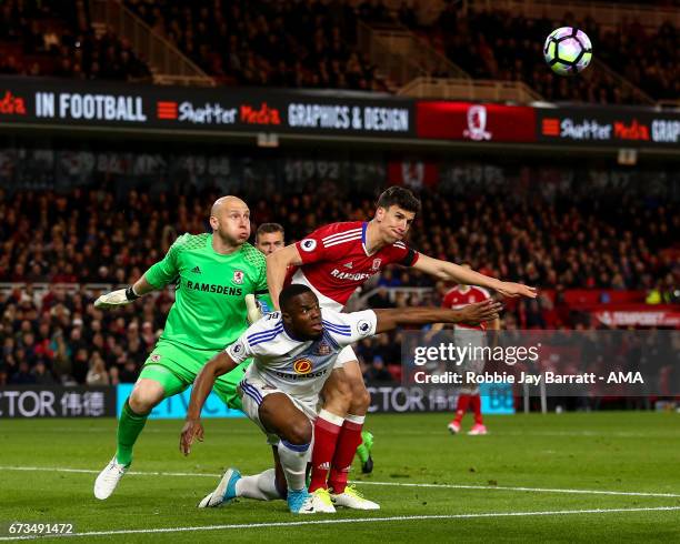 Bradley Guzan of Middlesbrough, Daniel Ayala of Middlesbrough and Victor Anichebe of Sunderland during the Premier League match between Middlesbrough...