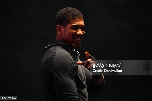 Anthony Joshua takes part in an open workout at Wembley Arena on April 26, 2017 in London, England. Anthony Joshua and Wladimir Klitschko are due to...