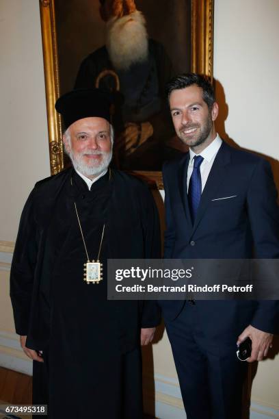 Monseigneur Irenee de Reghion and Christos Markogiannakis attend the presentation of the Book "Scenes De Crime au Louvre", written by Christos...