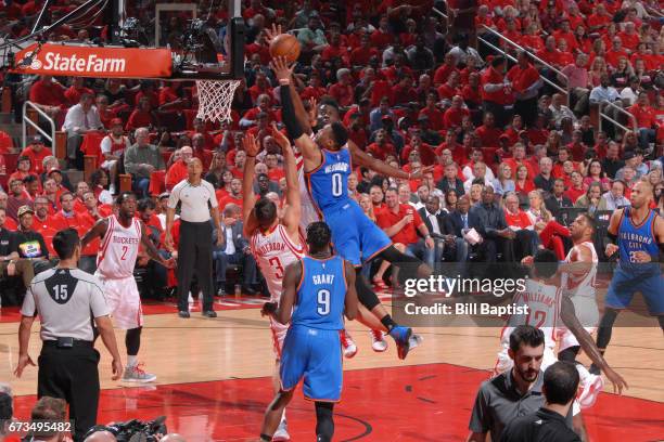 Russell Westbrook of the Oklahoma City Thunder drives to the basket against the Houston Rockets in Game Five of the Western Conference Quarterfinals...