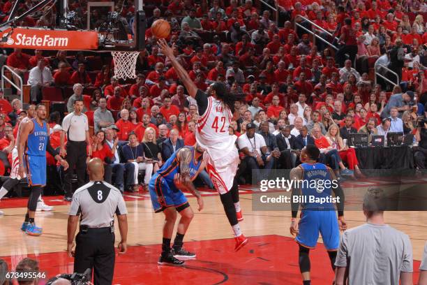 Nene Hilario of the Houston Rockets drives to the basket against the Oklahoma City Thunder in Game Five of the Western Conference Quarterfinals of...