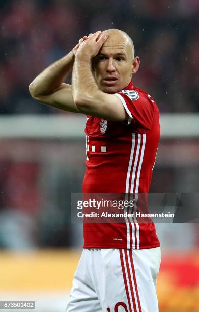 Arjen Robben of Muenchen reacts during the DFB Cup semi final match between FC Bayern Muenchen and Borussia Dortmund at Allianz Arena on April 26,...