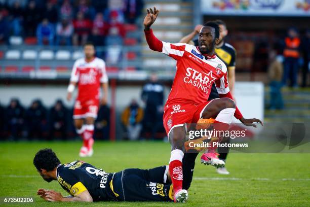 Fabrice Olinga forward of Royal Excel Mouscron pictured during the Jupiler Pro League Play-Offs 2 - Poule B match between Royal Excel Mouscron and...