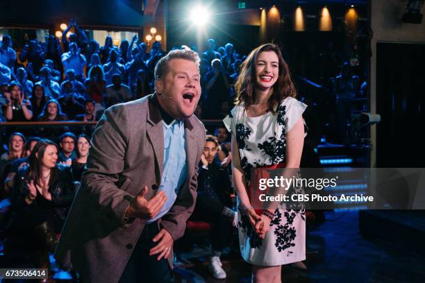 Anne Hathaway performs in Soundtrack to a Rom-Com with James Corden during "The Late Late Show with James Corden," Thursday, April 20, 2017 On The...