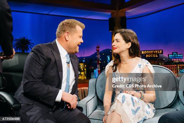 Anne Hathaway chats with James Corden during "The Late Late Show with James Corden," Thursday, April 20, 2017 On The CBS Television Network.