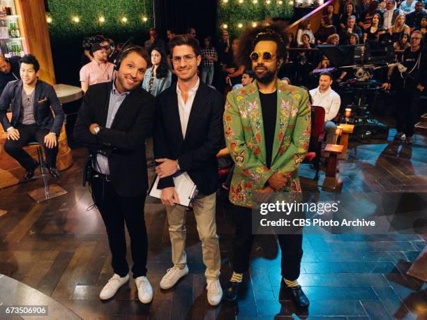 Rob Crabbe, Jed Weisman, and Reggie Watts chat during "The Late Late Show with James Corden," Monday, April 24, 2017 On The CBS Television Network.