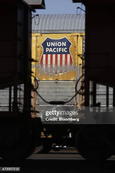 Uprr Com The Union Pacific Corp. logo is seen on an auto rack in a freight ...