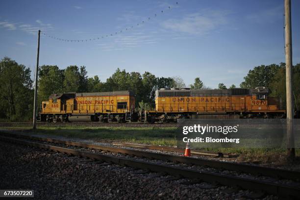 Union Pacific Corp. Freight locomotives wait for a clear signal before proceeding into a rail yard in East St. Louis, Illinois, U.S., on Tuesday,...