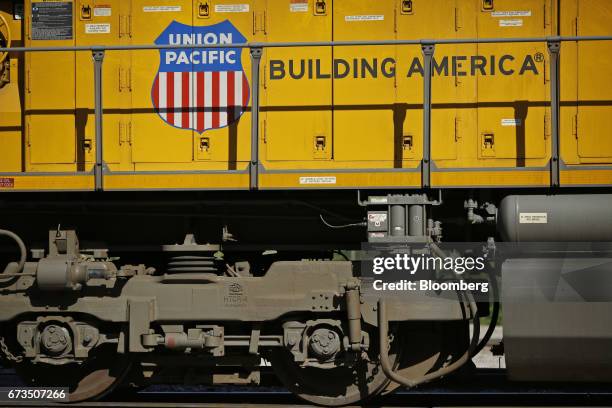 The Union Pacific Corp. Logo is seen on the side of a freight locomotive in St. Louis, Missouri, U.S., on Tuesday, April. 25, 2017. Union Pacific...