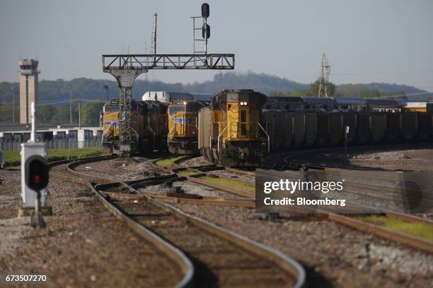 Union Pacific Corp. Freight locomotives sit parked in a rail yard in East St. Louis, Illinois, U.S., on Tuesday, April. 25, 2017. Union Pacific Corp....