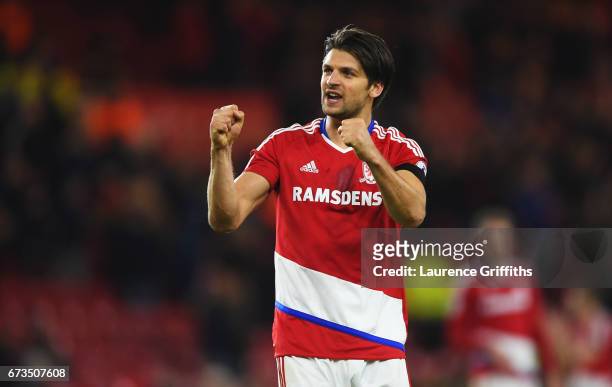 George Friend of Middlesbrough celebrates during the Premier League match between Middlesbrough and Sunderland at the Riverside Stadium on April 26,...