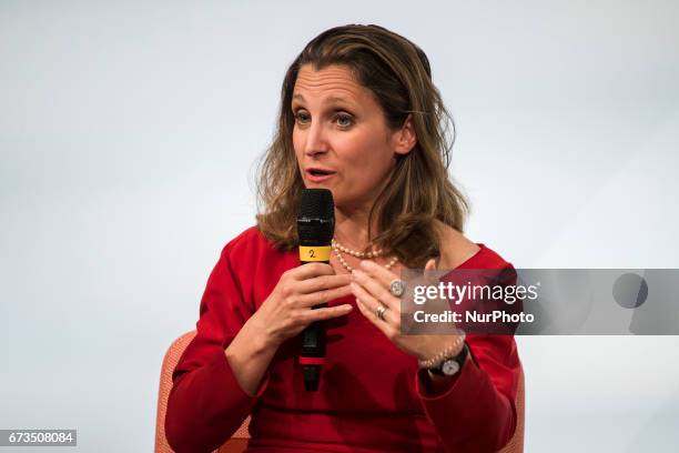 Canada's Minister for Foreign Affairs Chrystia Freeland is pictured during the Woman 20 Summit in Berlin, Germany on April 25, 2017. The event, which...