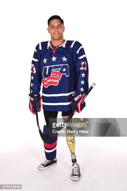 Paralympic sledge hockey player Rico Roman poses for a portrait during the Team USA PyeongChang 2018 Winter Olympics portraits on April 26, 2017 in...