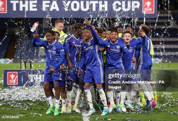 Chelsea players celebrate winning the FA Youth Cup Final, Second Leg match at Stamford Bridge, London.