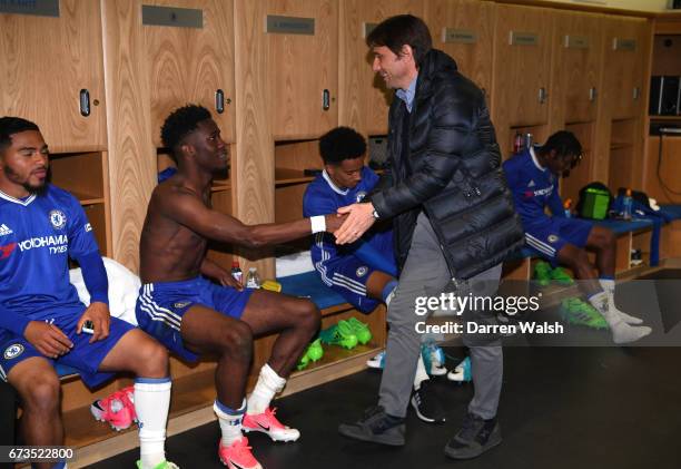 First team coach, Antonio Conte speaks to the players following victory in the FA Youth Cup Final, second leg between Chelsea and Mancherster City at...