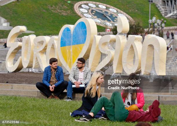 The Eurovision Song Contest 2017 logo is seen on Independence Square in Kiev, Ukraine, 26 April, 2017. The Eurovision Song Contest 2017 will contest...