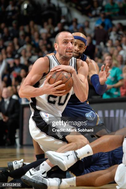 Manu Ginobili of the San Antonio Spurs handles the ball against the Memphis Grizzlies during Game Five of the Western Conference Quarterfinals of the...