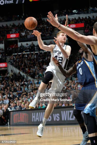 Davis Bertans of the San Antonio Spurs passes the ball against the Memphis Grizzlies during Game Five of the Western Conference Quarterfinals of the...