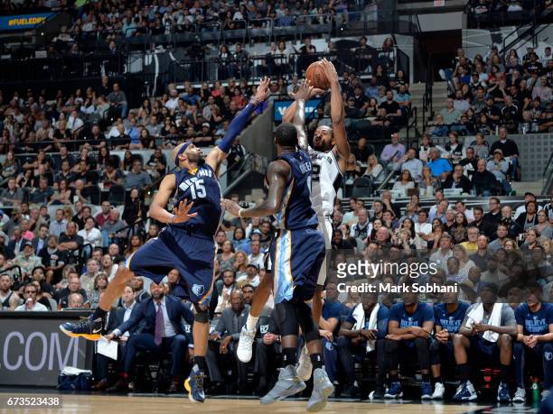 Kawhi Leonard of the San Antonio Spurs shoots the ball against the Memphis Grizzlies during Game Five of the Western Conference Quarterfinals of the...