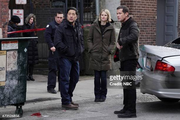 Fool Me Twice" Episode 109 -- Pictured: Tim Kang as Detective Stephen Kim, Joelle Carter as Laura Nagel, Dylan Walsh as Detective Ken Banks --