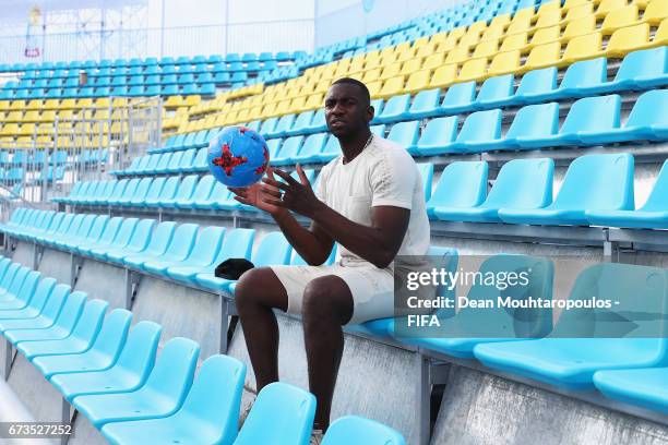 Premier League football player with Everton Football Club, Yannick Bolasie poses during the Brazil training session before the FIFA Beach Soccer...