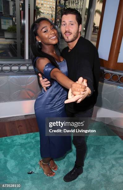 Fifth Harmony member Normani Kordei and dancer Valentin Chmerkovskiy visit Hollywood Today Live at W Hollywood on April 26, 2017 in Hollywood,...