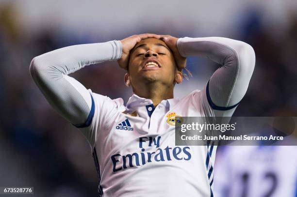 Mariano Diaz of Real Madrid reacts during the La Liga match between RC Deportivo La Coruna and Real Madrid at Riazor Stadium on April 26, 2017 in La...