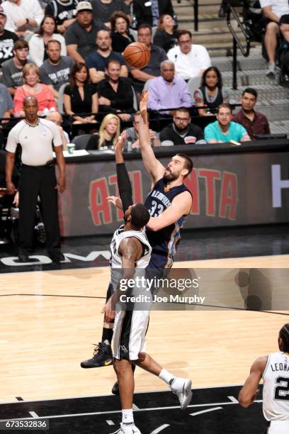 Marc Gasol of the Memphis Grizzlies shoots the ball against the San Antonio Spurs during Game Five of the Western Conference Quarterfinals of the...