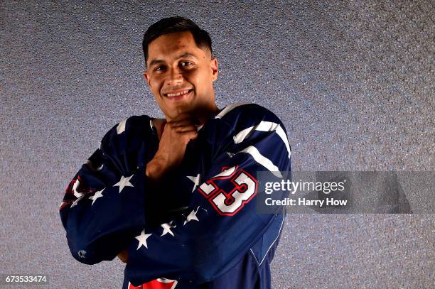 Paralympic sledge hockey player Rico Roman poses for a portrait during the Team USA PyeongChang 2018 Winter Olympics portraits on April 26, 2017 in...